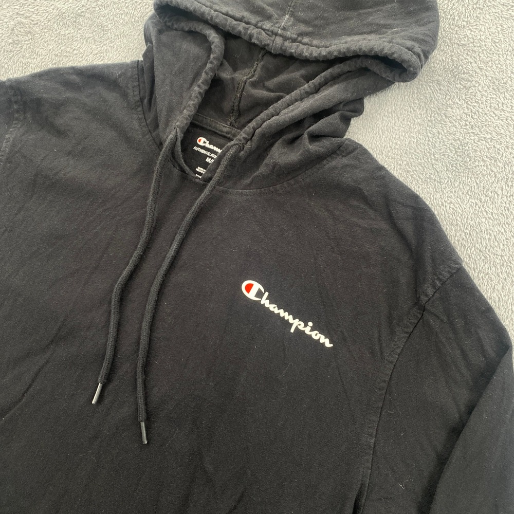 Champion Hoodie Mens Medium Black Long Sleeve Script Logo Lightweight 1580138